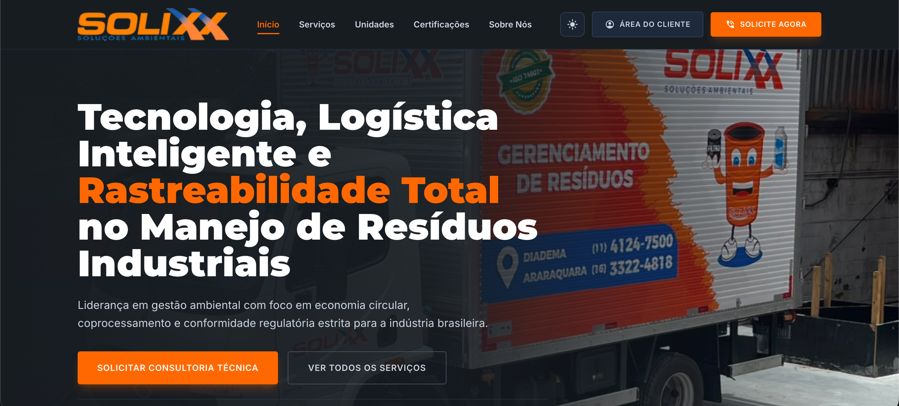 Homepage do site Solixx Soluções Ambientais