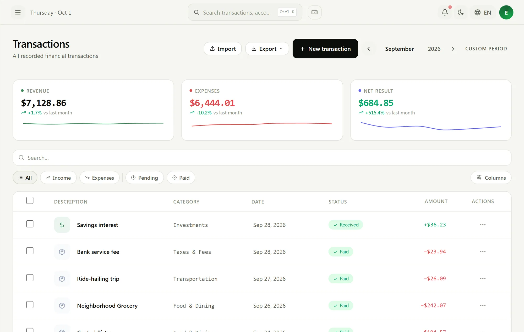 Nova Finance transactions screen with list, categories and balance