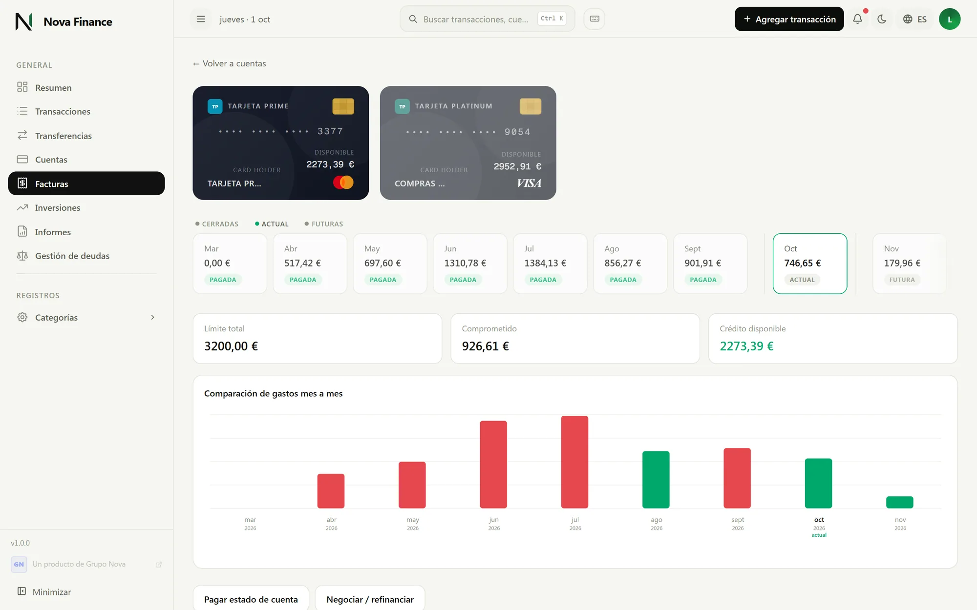 Pantalla de facturas de tarjeta de crédito de Nova Finance
