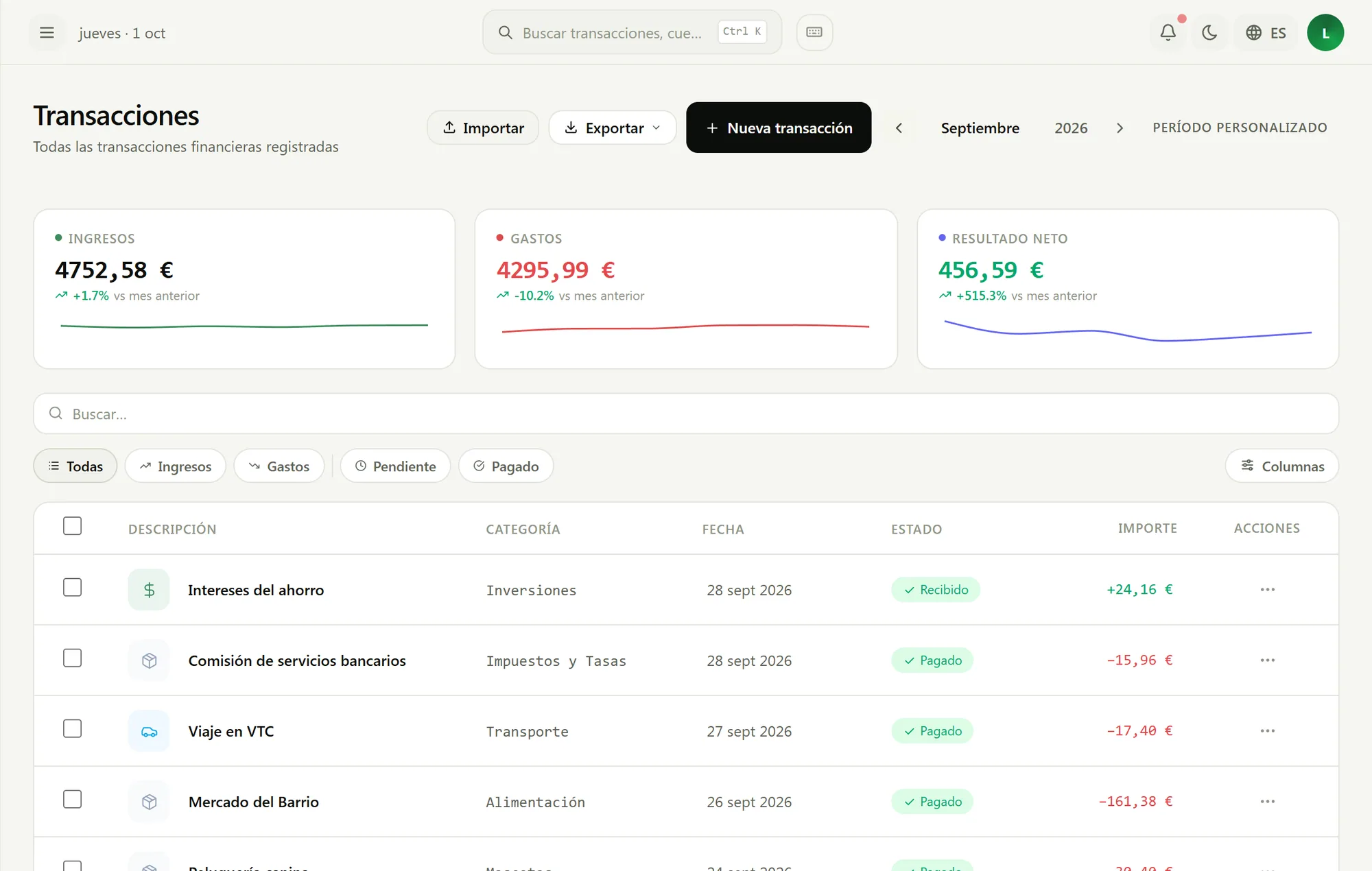 Pantalla de transacciones de Nova Finance con lista, categorías y saldo