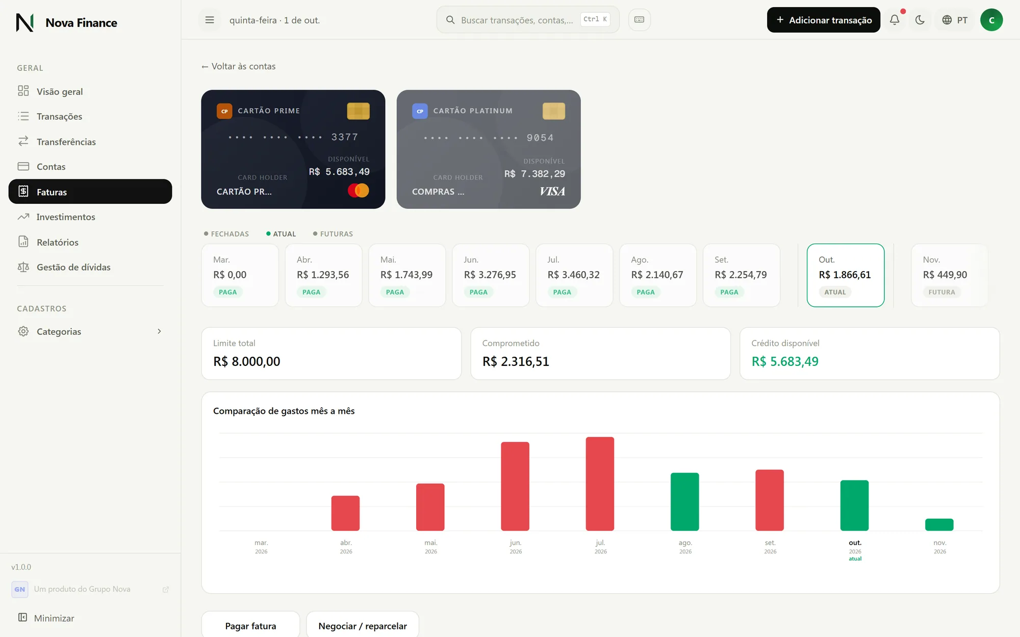 Tela de faturas de cartão de crédito do Nova Finance