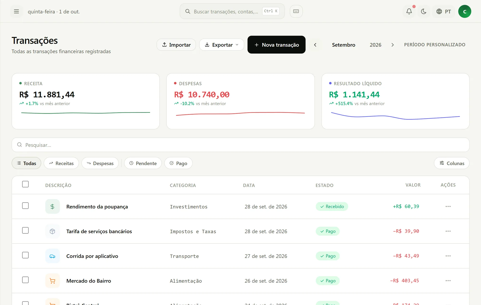 Tela de transações do Nova Finance com lista, categorias e saldo